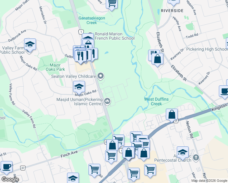 map of restaurants, bars, coffee shops, grocery stores, and more near 2173 Saffron Drive in Pickering