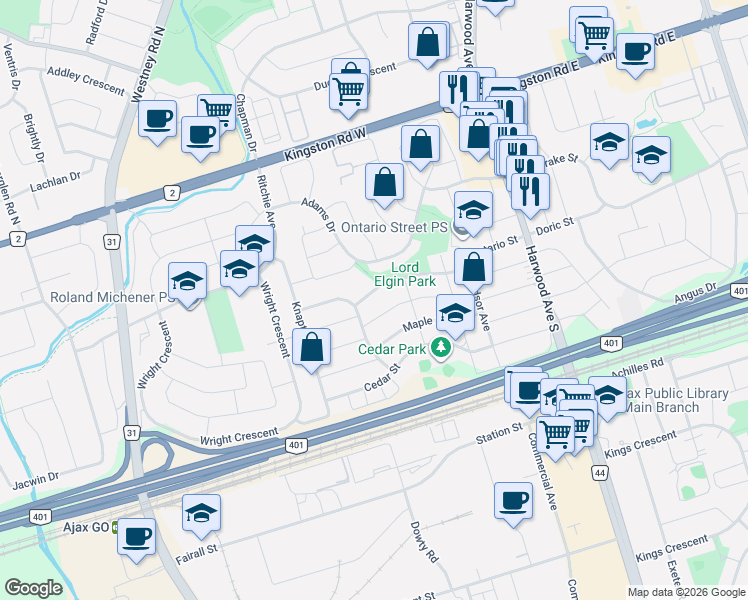 map of restaurants, bars, coffee shops, grocery stores, and more near 31 Elm Street in Ajax