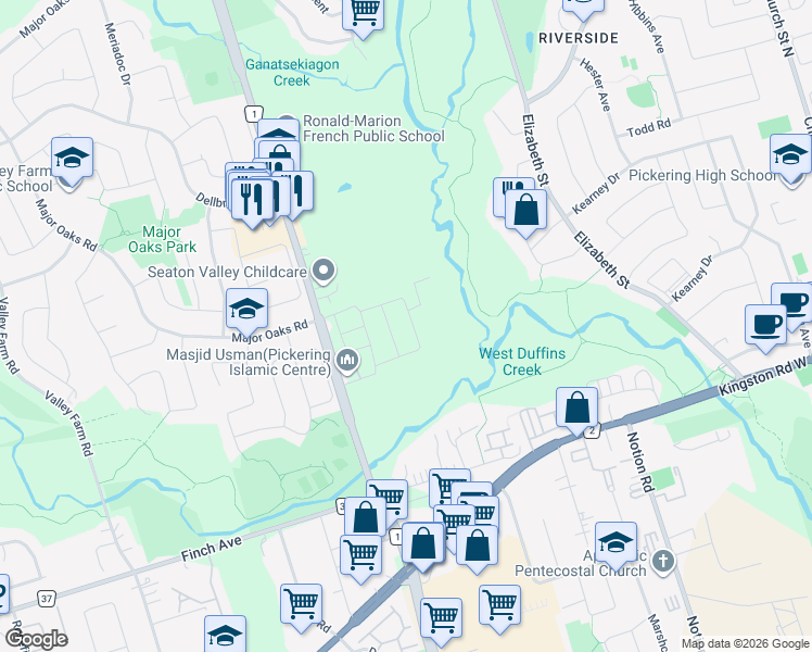 map of restaurants, bars, coffee shops, grocery stores, and more near 2138 Saffron Drive in Pickering