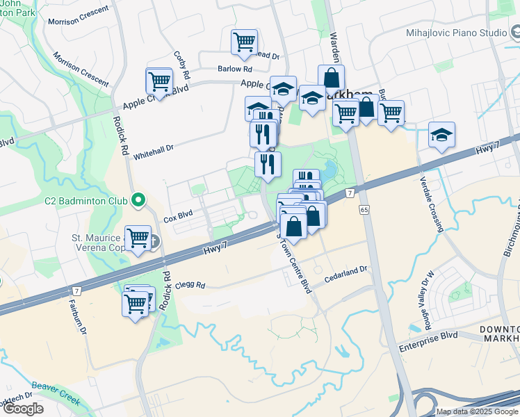 map of restaurants, bars, coffee shops, grocery stores, and more near 33 Cox Boulevard in Markham