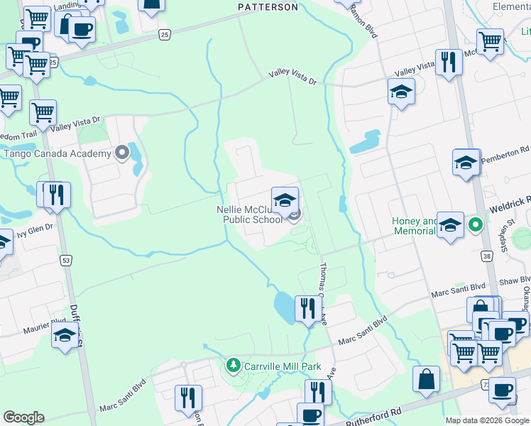 map of restaurants, bars, coffee shops, grocery stores, and more near 44 Chaiwood Court in Vaughan
