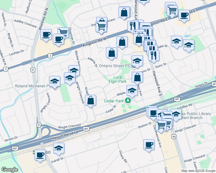 map of restaurants, bars, coffee shops, grocery stores, and more near in Ajax