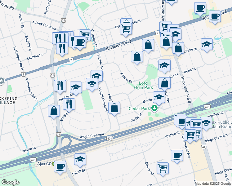 map of restaurants, bars, coffee shops, grocery stores, and more near 53 Beatty Road in Ajax