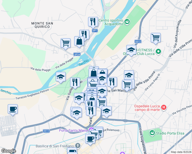 map of restaurants, bars, coffee shops, grocery stores, and more near 656 Via Borgo Giannotti in Lucca