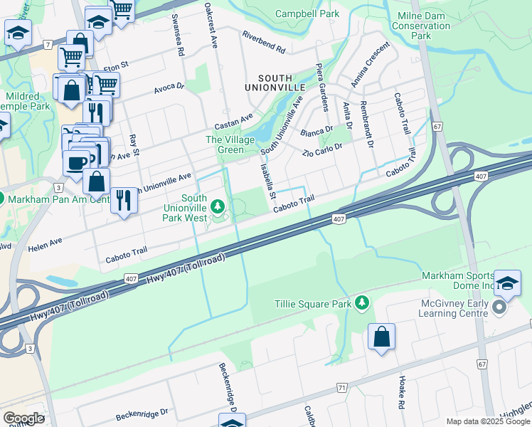 map of restaurants, bars, coffee shops, grocery stores, and more near Caboto Trail in Markham