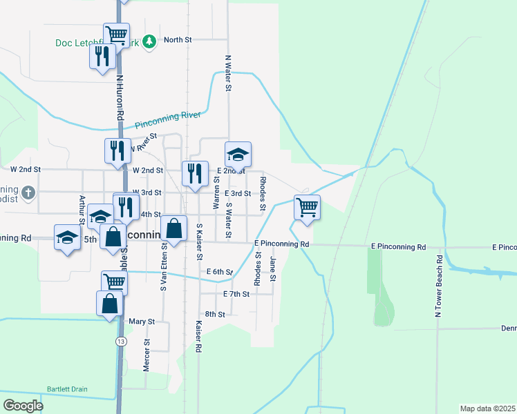 map of restaurants, bars, coffee shops, grocery stores, and more near 303 South Jennings Street in Pinconning