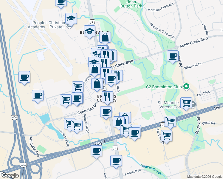 map of restaurants, bars, coffee shops, grocery stores, and more near 50 McIntosh Drive in Markham
