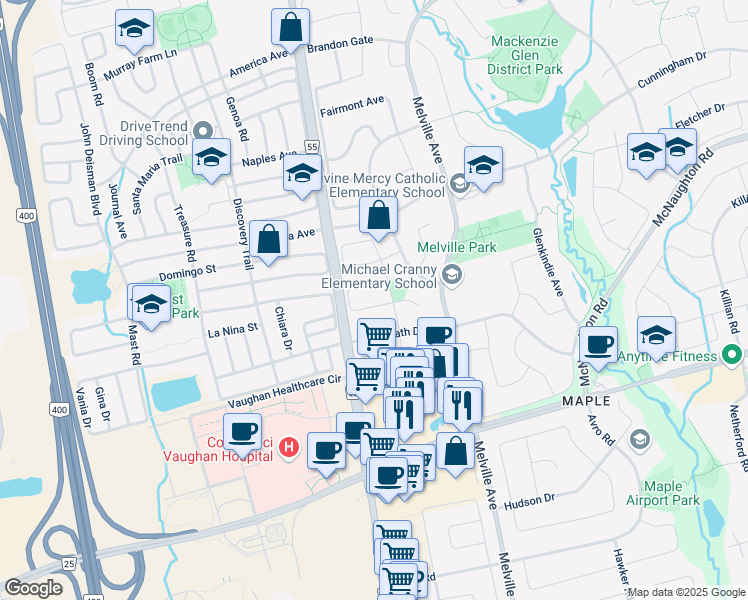 map of restaurants, bars, coffee shops, grocery stores, and more near 18 Islay Crescent in Vaughan