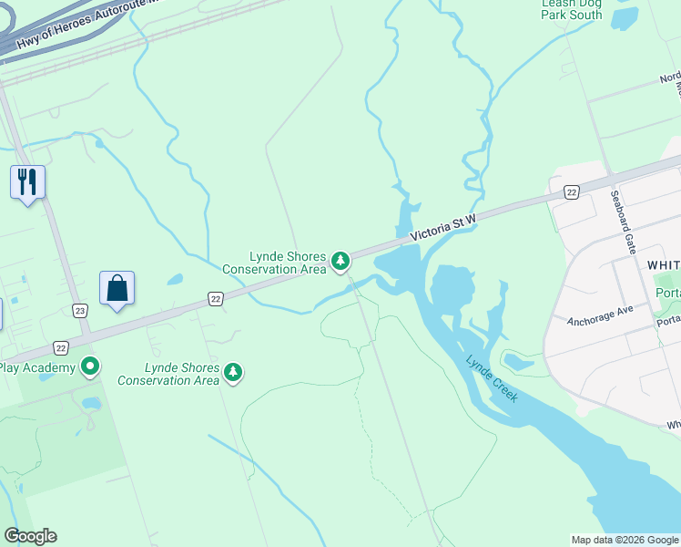 map of restaurants, bars, coffee shops, grocery stores, and more near 1225 Victoria Street West in Whitby