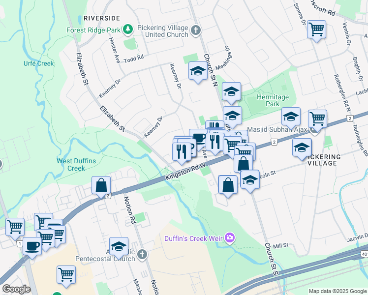 map of restaurants, bars, coffee shops, grocery stores, and more near 32 Windsor Drive in Ajax