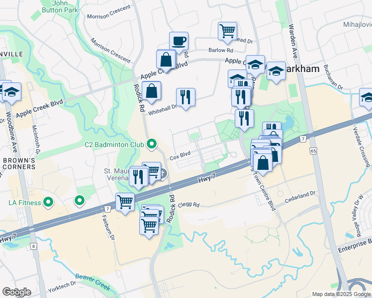 map of restaurants, bars, coffee shops, grocery stores, and more near in Markham