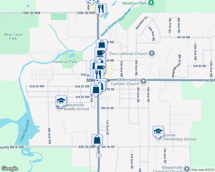 map of restaurants, bars, coffee shops, grocery stores, and more near in Stewartville