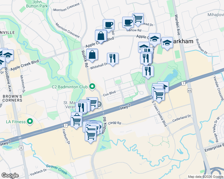 map of restaurants, bars, coffee shops, grocery stores, and more near in Markham