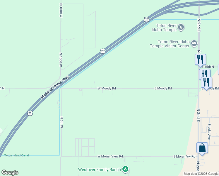map of restaurants, bars, coffee shops, grocery stores, and more near 599 West 2000 North in Rexburg