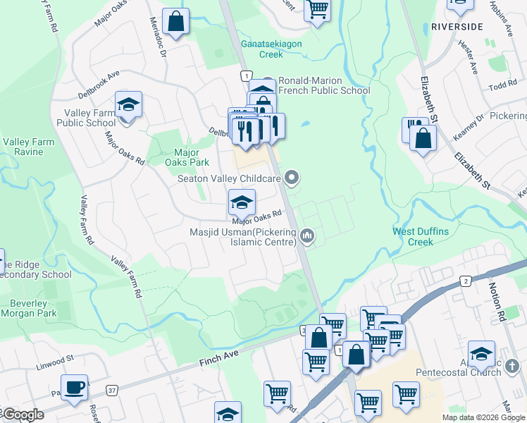 map of restaurants, bars, coffee shops, grocery stores, and more near 1623 McBrady Crescent in Pickering
