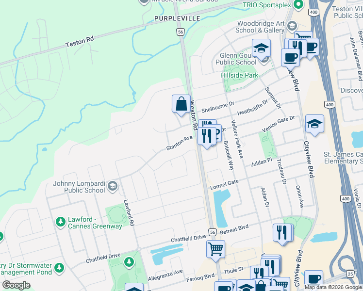 map of restaurants, bars, coffee shops, grocery stores, and more near 35 Stanton Avenue in Vaughan