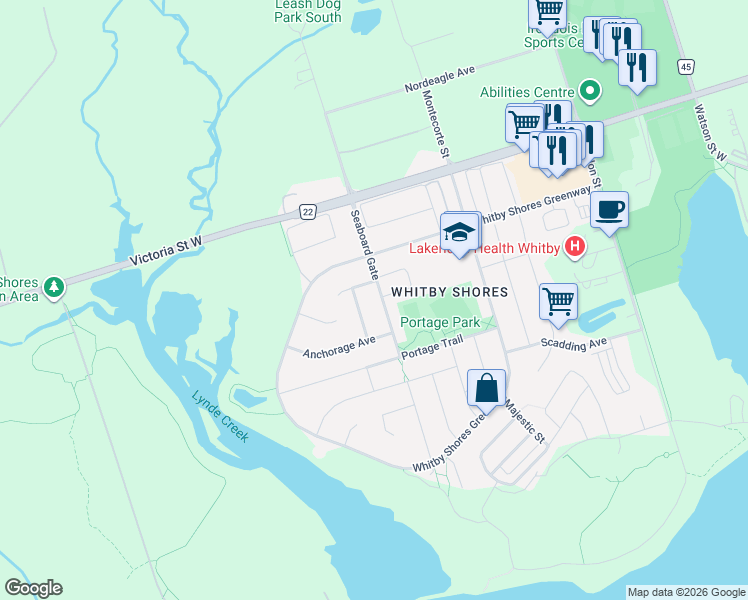 map of restaurants, bars, coffee shops, grocery stores, and more near 44 Seaboard Gate in Whitby
