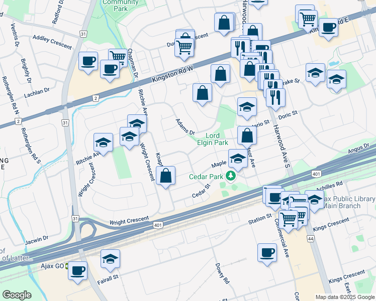 map of restaurants, bars, coffee shops, grocery stores, and more near 33 Beatty Road in Ajax