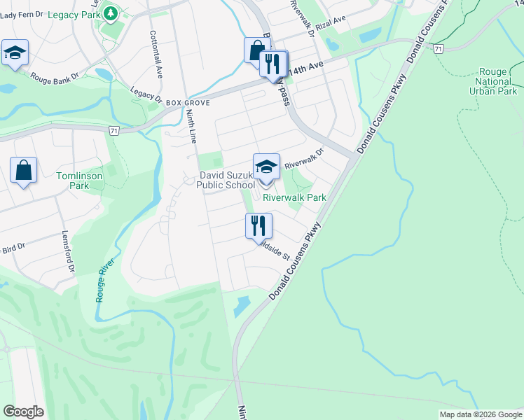 map of restaurants, bars, coffee shops, grocery stores, and more near 97 Reginald Lamb Crescent in Markham