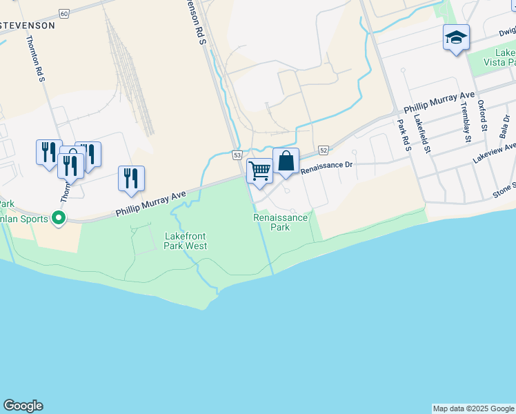 map of restaurants, bars, coffee shops, grocery stores, and more near 1059 Renaissance Drive in Oshawa
