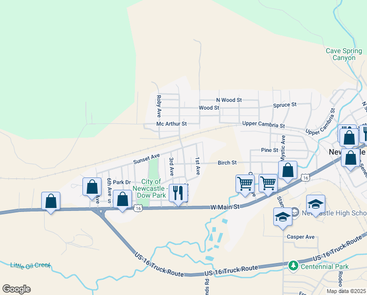 map of restaurants, bars, coffee shops, grocery stores, and more near 1099 Sunset St in Newcastle