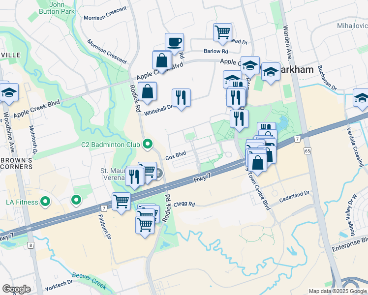 map of restaurants, bars, coffee shops, grocery stores, and more near in Markham