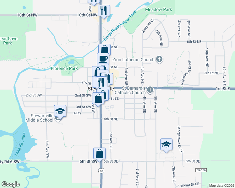 map of restaurants, bars, coffee shops, grocery stores, and more near 125 1st Street East in Stewartville