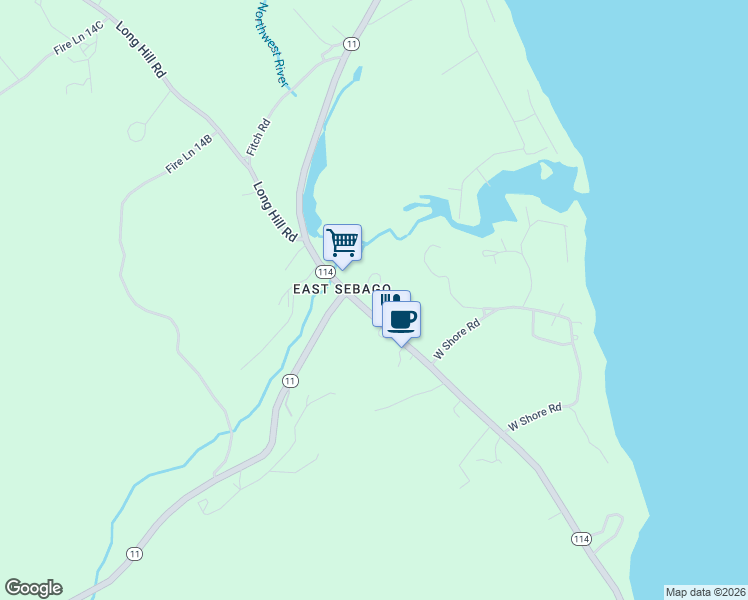 map of restaurants, bars, coffee shops, grocery stores, and more near 283 Sebago Road in Sebago