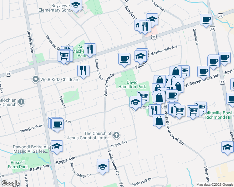 map of restaurants, bars, coffee shops, grocery stores, and more near 15 Sheila Crescent in Richmond Hill