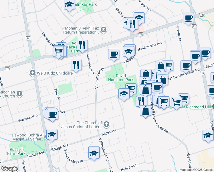 map of restaurants, bars, coffee shops, grocery stores, and more near 15 Sheila Crescent in Richmond Hill