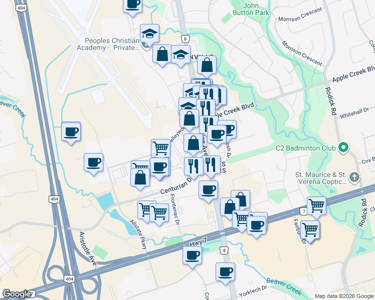 map of restaurants, bars, coffee shops, grocery stores, and more near 25 Valleywood Drive in Markham