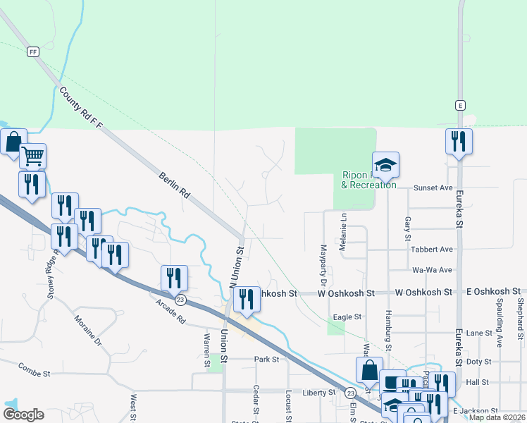 map of restaurants, bars, coffee shops, grocery stores, and more near 618 Cambridge Drive in Ripon