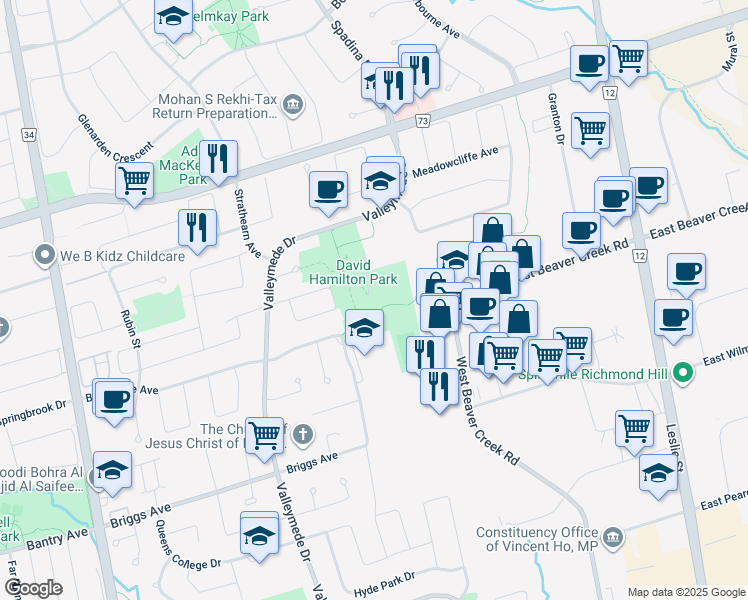 map of restaurants, bars, coffee shops, grocery stores, and more near 5 Walmer Road in Richmond Hill