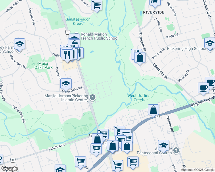 map of restaurants, bars, coffee shops, grocery stores, and more near 2142 Saffron Drive in Pickering