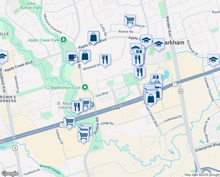 map of restaurants, bars, coffee shops, grocery stores, and more near 8 Cox Boulevard in Markham