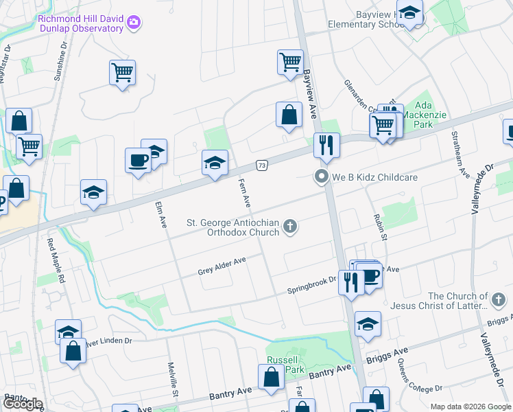 map of restaurants, bars, coffee shops, grocery stores, and more near 190 Duncan Road in Richmond Hill