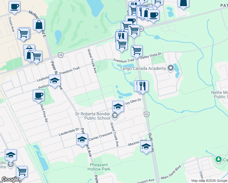 map of restaurants, bars, coffee shops, grocery stores, and more near Muret Crescent in Vaughan