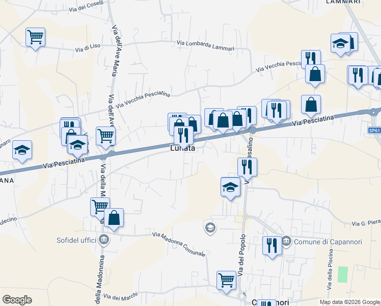map of restaurants, bars, coffee shops, grocery stores, and more near 27 Via dell' Isola in Capannori
