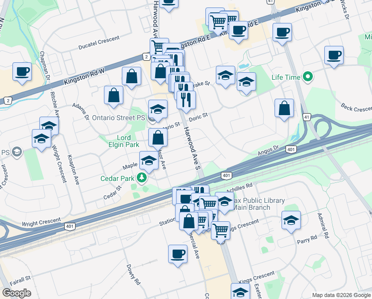 map of restaurants, bars, coffee shops, grocery stores, and more near 5 Brock Street in Ajax