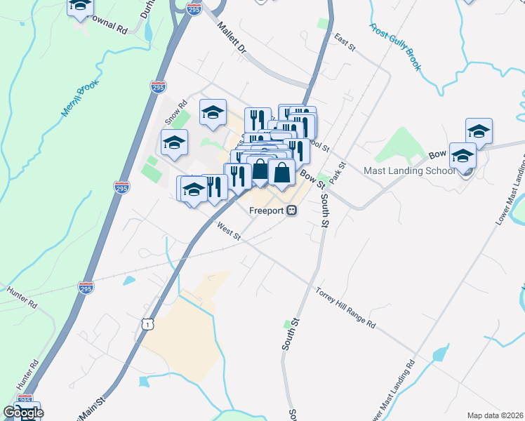 map of restaurants, bars, coffee shops, grocery stores, and more near 8 Mill Street in Freeport