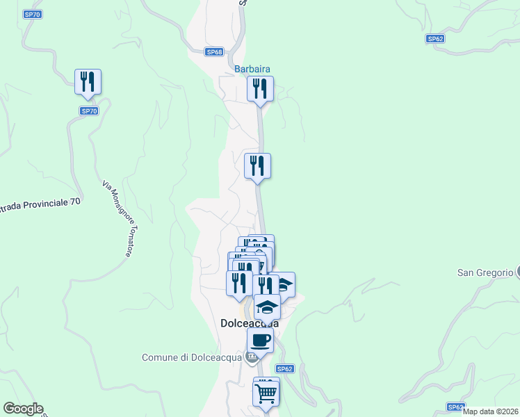 map of restaurants, bars, coffee shops, grocery stores, and more near 34 Via Provinciale in Dolceacqua
