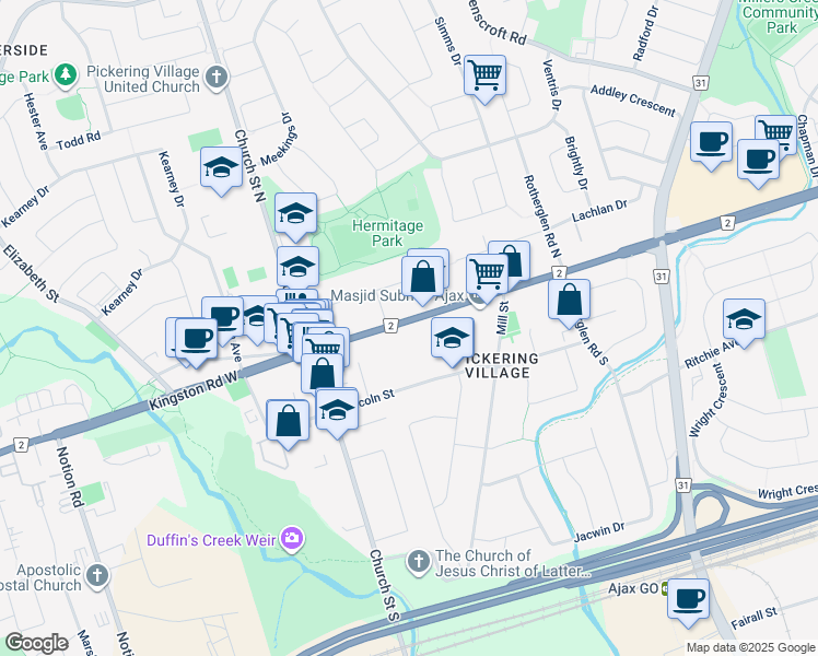 map of restaurants, bars, coffee shops, grocery stores, and more near in Ajax
