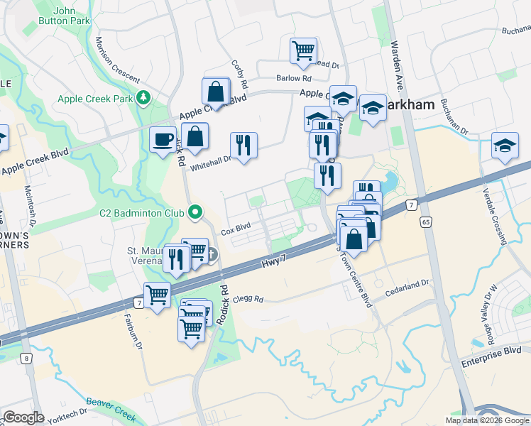 map of restaurants, bars, coffee shops, grocery stores, and more near 10 Cox Boulevard in Markham
