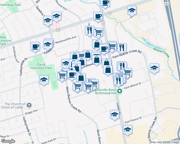 map of restaurants, bars, coffee shops, grocery stores, and more near 35 West Beaver Creek Road in Richmond Hill