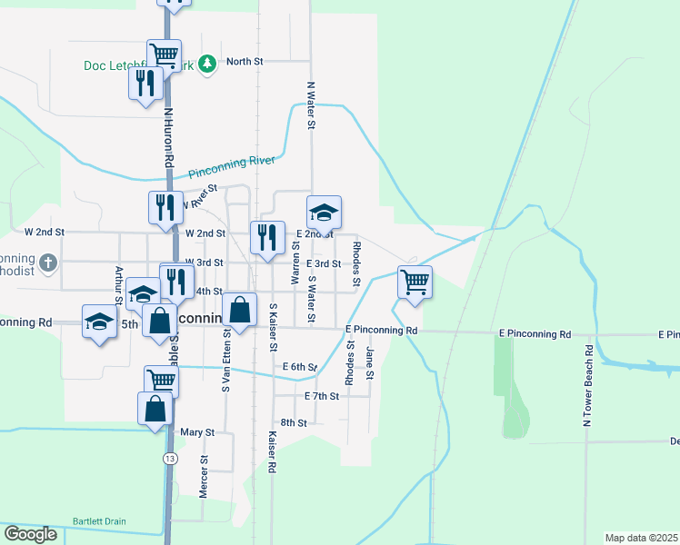 map of restaurants, bars, coffee shops, grocery stores, and more near 303 South Jennings Street in Pinconning
