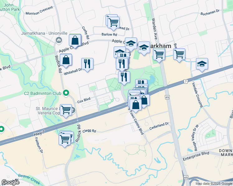 map of restaurants, bars, coffee shops, grocery stores, and more near 1585-23 Cox Boulevard in Markham