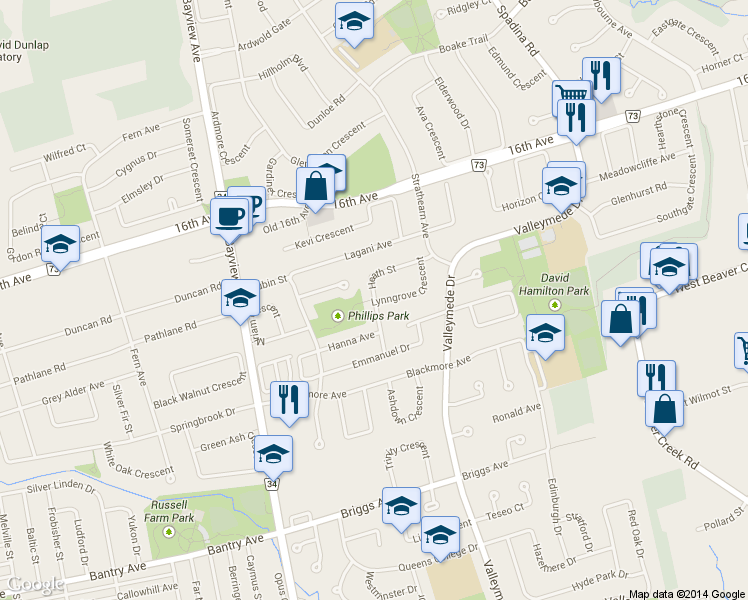 map of restaurants, bars, coffee shops, grocery stores, and more near 48 Heath Street in Richmond Hill