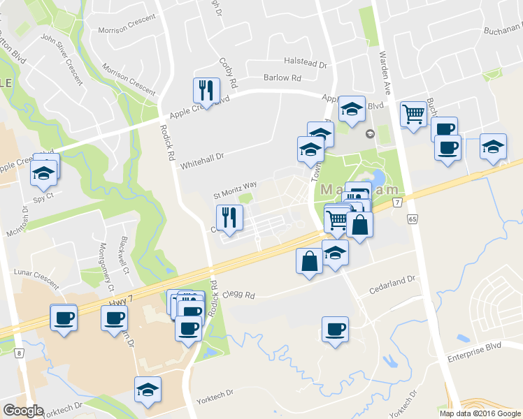 map of restaurants, bars, coffee shops, grocery stores, and more near 16 Cox Boulevard in Markham