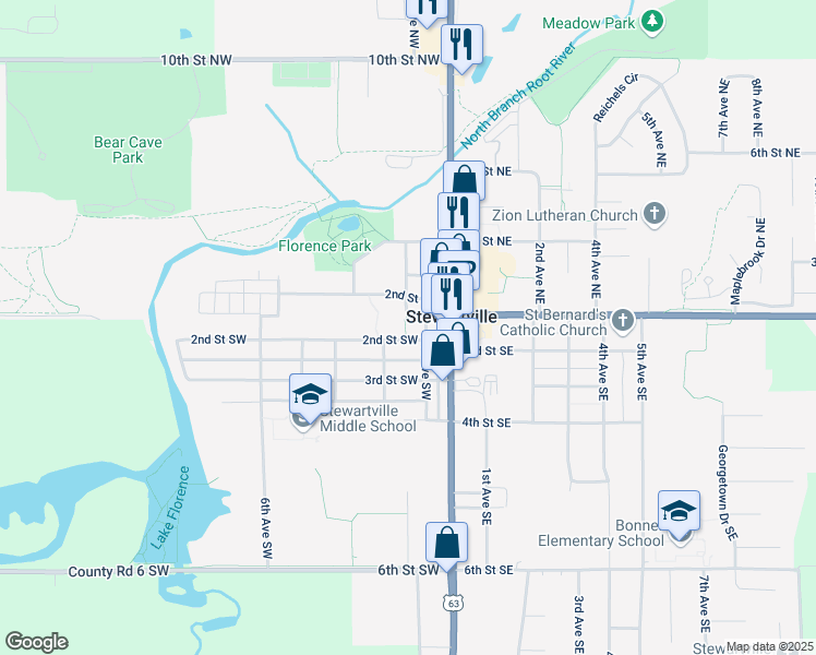 map of restaurants, bars, coffee shops, grocery stores, and more near 200 1st Street West in Stewartville