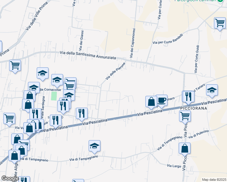 map of restaurants, bars, coffee shops, grocery stores, and more near 201 Via Beppe Fenoglio in Lucca